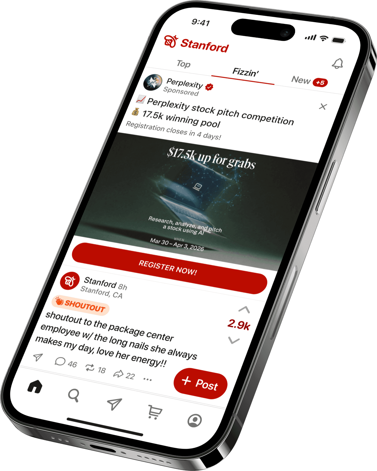 The Fizz app open to a campus community feed