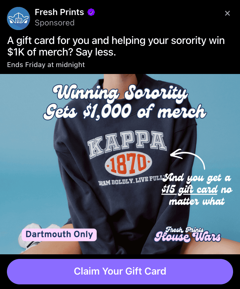 Fresh Prints sponsored Fizz post where the winning sorority gets $1,000 in merchandise and the participant gets a $15 gift card.