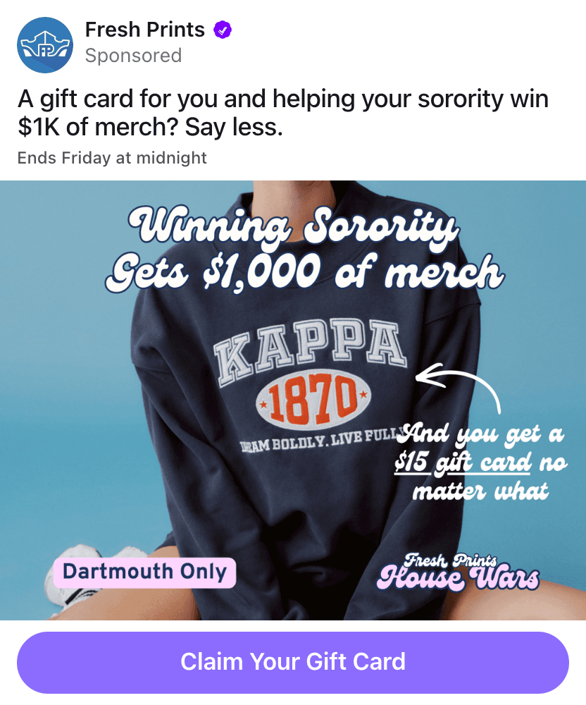Fresh Prints sponsored Fizz post where the winning sorority gets $1,000 in merchandise and the participant gets a $15 gift card.