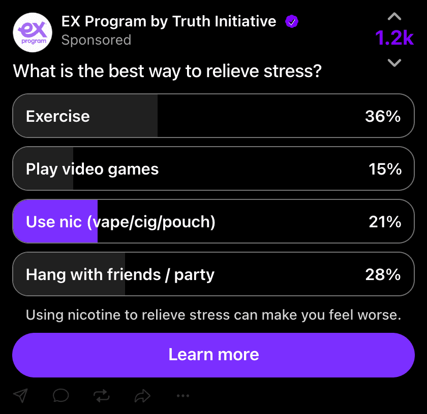 Truth Initiative sponsored Fizz poll about relieving stress, with a nicotine warning and a Learn more call to action.