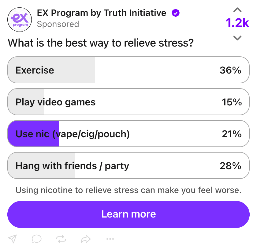 Truth Initiative sponsored Fizz poll about relieving stress, with a nicotine warning and a Learn more call to action.