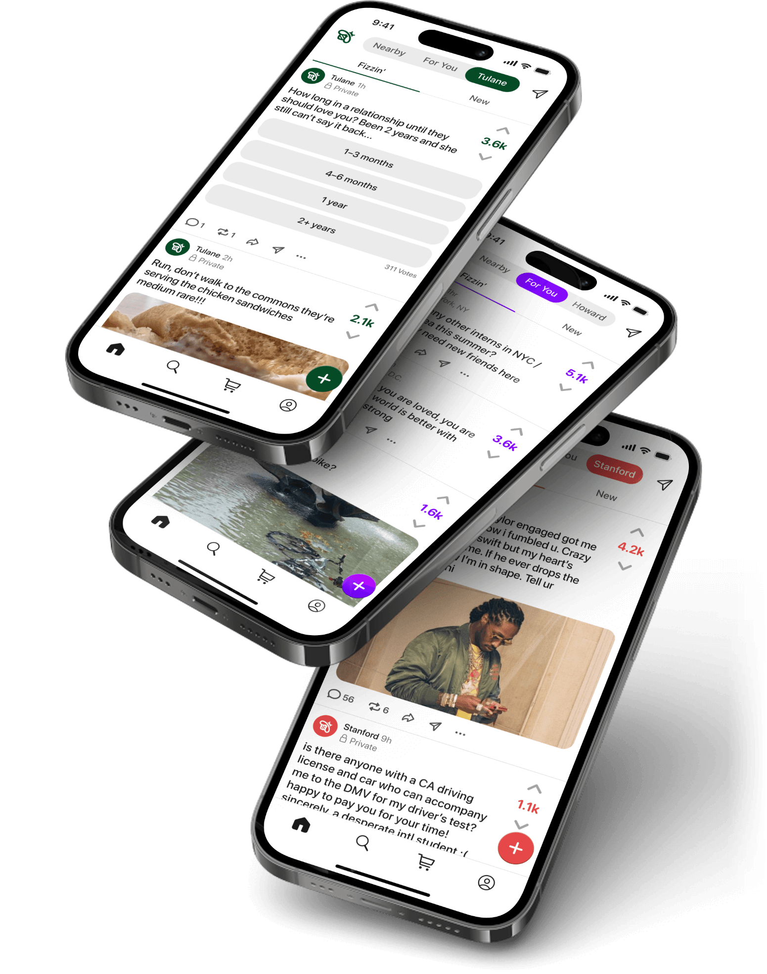 The Fizz app showing a campus feed of student posts